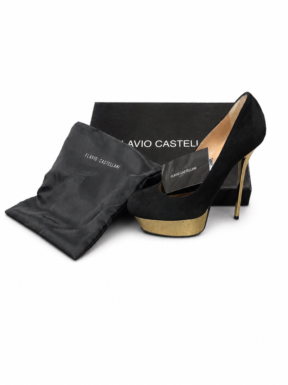 Flavio Castellani Black Suede Platform Pump with Gold Heel